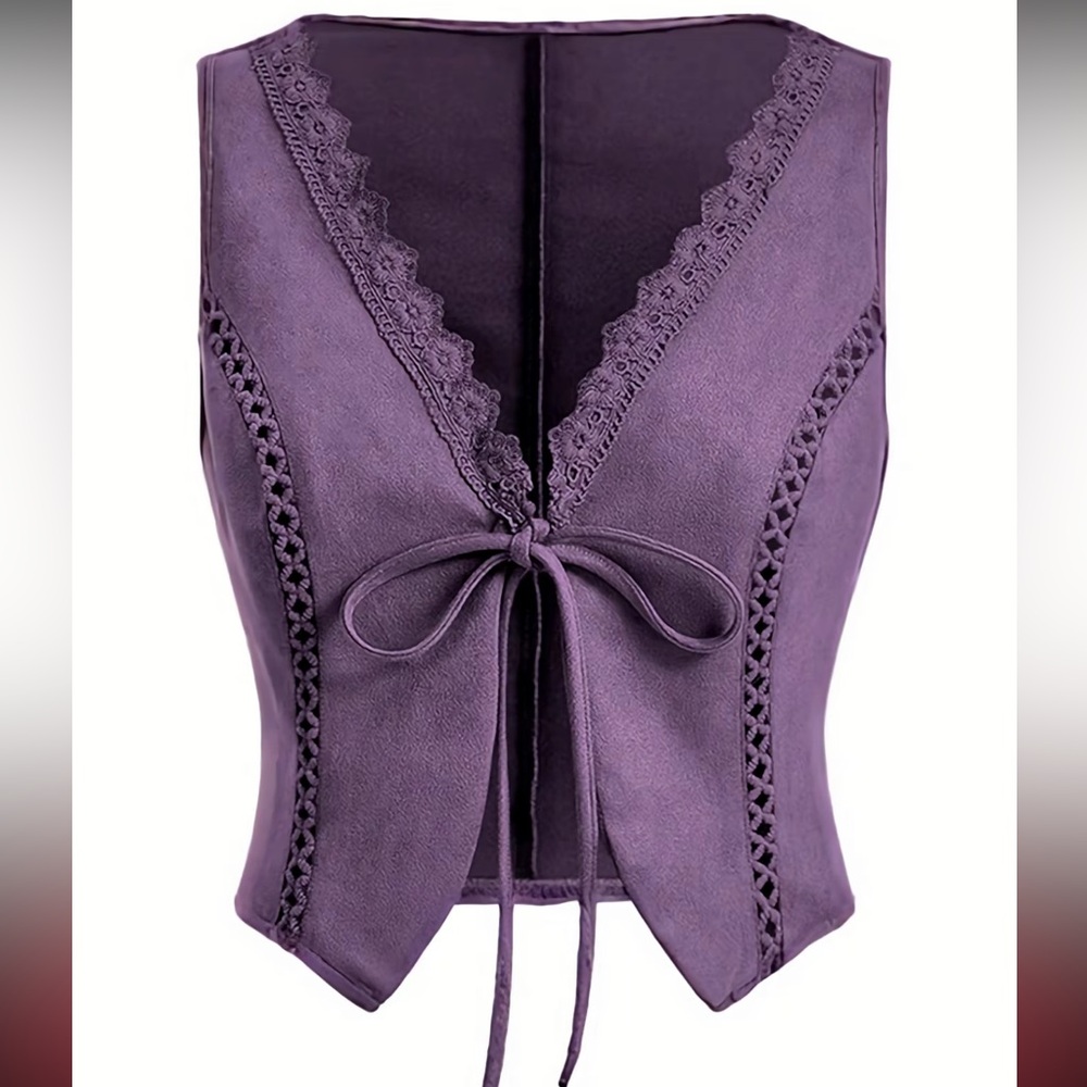 Purple Lace Trim Suede Tie Vest